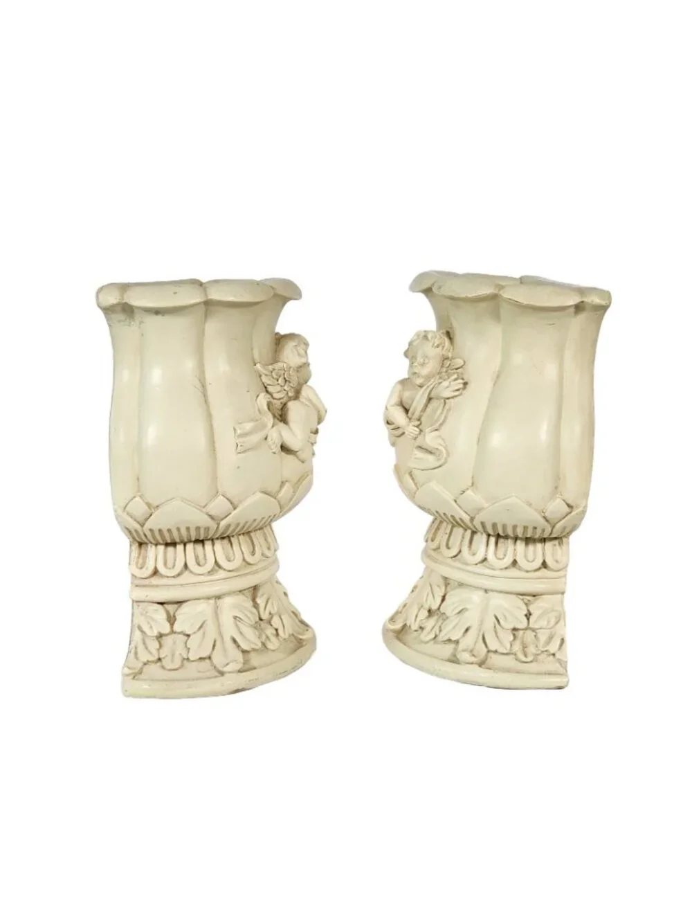 Resin Cherub Half Round Planter Set 2 Angel Semi Circle Vase Bookend Vtg Heavy
